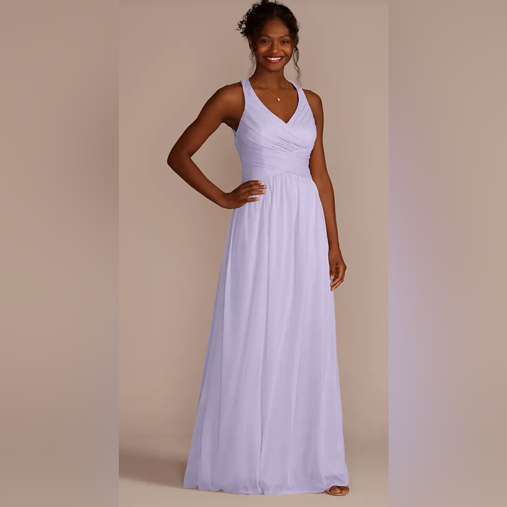 David’s Bridal Mesh Long Dress with Crisscross Back - Iris